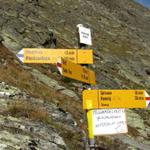 Wegweiser bei Schönegge 2448 m.ü.M. Jemand hat die Markierung von Hand auf blau geändert