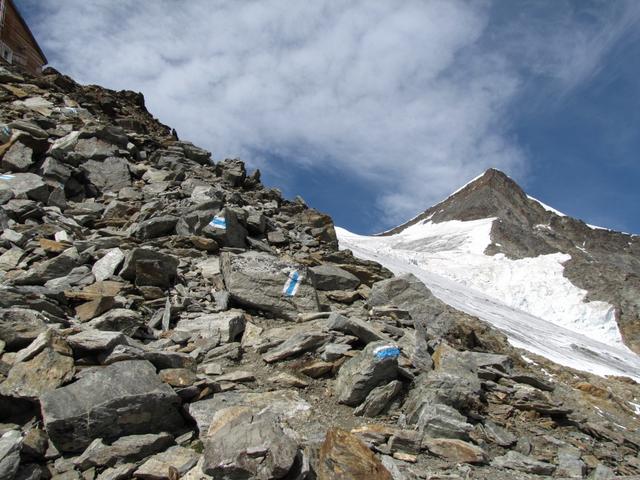 gut ersichtlich der markierte Hüttenweg mit Blick auf den Hohbalmgletscher und Ulrichshorn