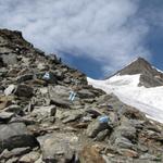 gut ersichtlich der markierte Hüttenweg mit Blick auf den Hohbalmgletscher und Ulrichshorn