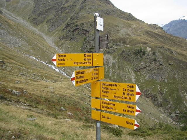 Wegkreuzung bei Trift 2210 m.ü.M. Es geht weiter im Zickzack abwärts