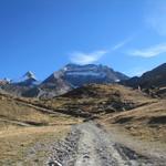 über Skipisten geht es aufwärts zur Weissmieshütte mit Blick zum Lagginhorn und Fletschhorn