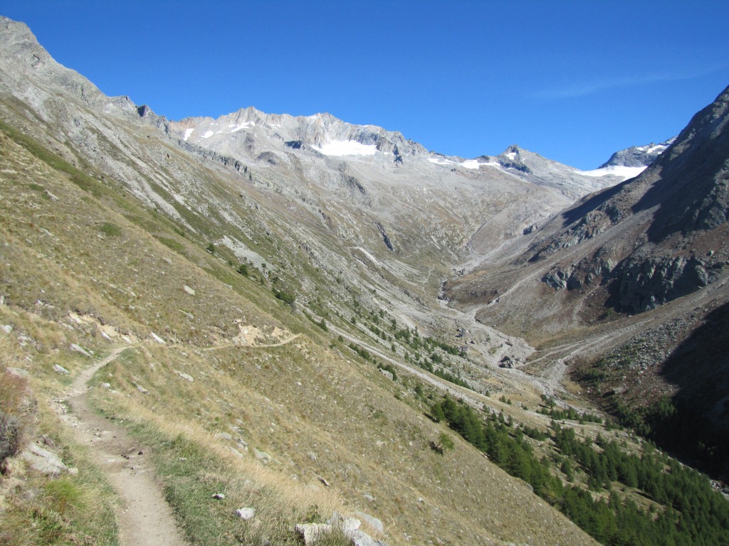 vor uns taucht nun das schöne Almagellertal auf. Sanft senkt sich der Weg Richtung Almagelleralp