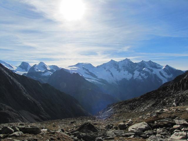 was für eine Aussicht von der Almagelleralphütte. Strahlhorn, Rimpfischhorn, Allalinhorn, Alphubel und das ganze Mischabelmass