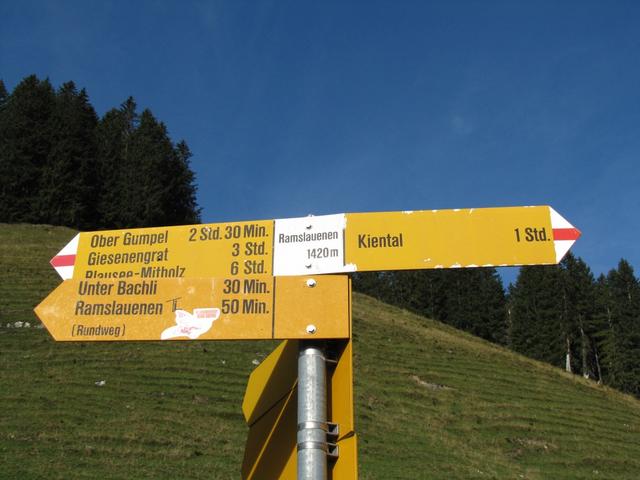 Wegweiser bei Ramslauenen 1420 m.ü.M.