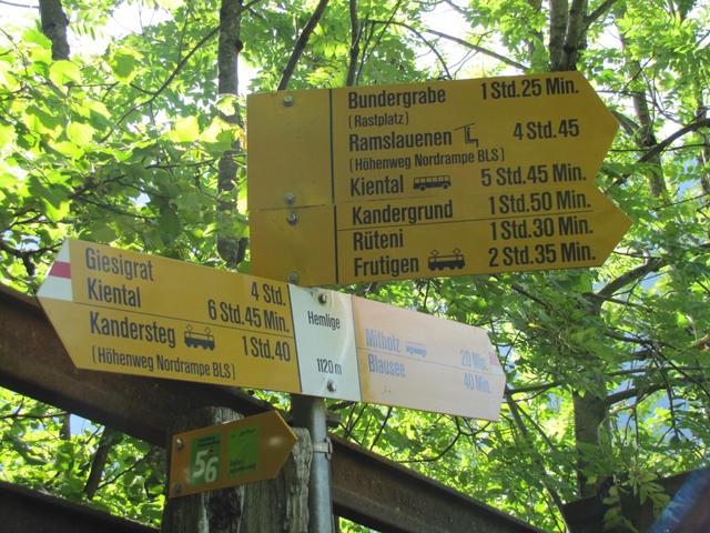 Wegweiser bei Hemlige 1120 m.ü.M. hier überquert man die BLS Geleise