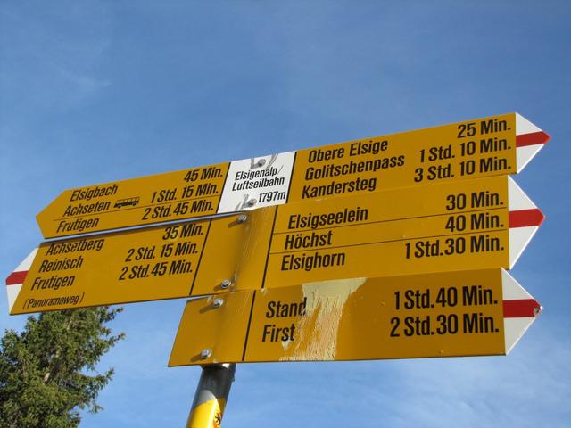 Wegweiser bei der Bergstation der Seilbahn Elsigenalp