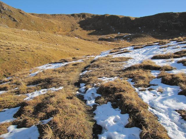 der Wanderweg führt einen grossen Rechtsbogen durch. Der Wanderweg ist nicht überall ersichtlich