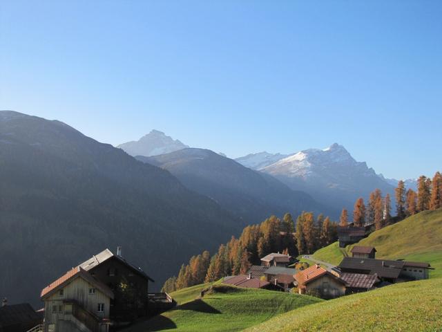 Tenna befindet sich im schönen Safiental. Am Horizont Piz Beverin und der Bruschghorn