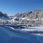 Blick von Steg - Boden auf das Swimmbad und Parkplatz