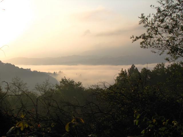 Blick zurück nach Portomarin und den Stausee von Belesar im Tal des Río Miño