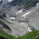 tief unter uns der mit Schutt und Felsen überdeckte Untere Grindelwaldgletscher