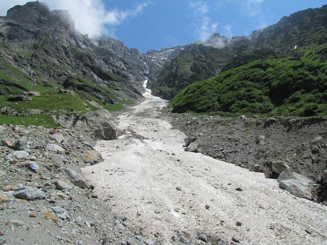 mit Altschnee ausgefüllte Runsen müssen überquert werden. Kurz nach Punkt 1747 m.ü.M.