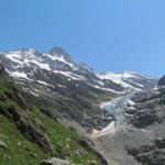 links die Gletscherzunge vom Unterer Grindelwaldgletscher und das Schreckhorn