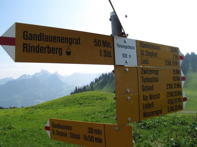 Wegweiser auf der Alp Parwenge 1835 m.ü.M.