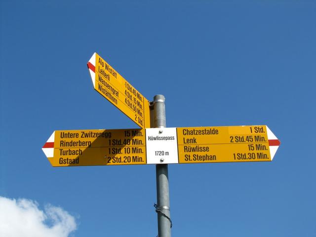 Wegweiser auf dem Rüwlissepass 1720 m.ü.M. es geht weiter Richtung Leiterli