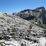 Mäusi ist der einzige Farbtupfer in diesem fast endlosen Grau. Im Hintergrund der Mittagshorn