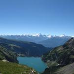 was für eine traumhafte Aussicht von hier oben. Die Walliser Bergriesen und der Lac de Tseuzier