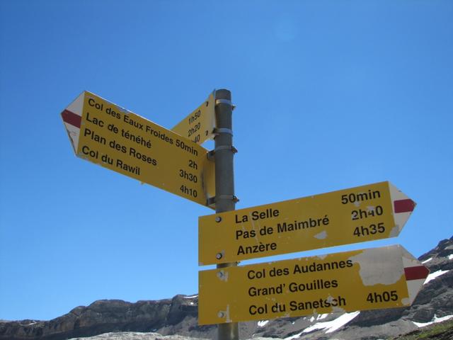 Wegweiser bei der Cabane des Audannes. Morgen geht es weiter über die Col des Audannes