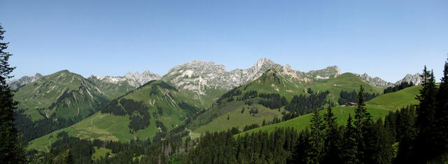 schönes Breitbildfoto mit Les Pucelles, Dent de Savigny, Dent de Ruth, Zuckerspitz und Wandfluh