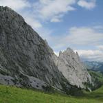 der Wanderweg führt nun alles der steilen Felswänden der Gastlosen entlang Richtung Grat