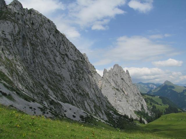 der Wanderweg führt nun alles der steilen Felswänden der Gastlosen entlang Richtung Grat