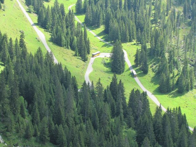 Tiefblick ins Gental. Ein Postauto fährt hinauf zur Engstlenalp