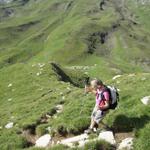 der Bergpfad führt nun abwärts zur Wiesensenke 2373 m.ü.M. der tiefste Punkt zwischen den Lobhörner und der Schwalmere