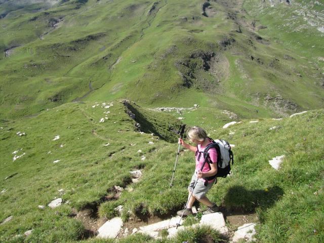 der Bergpfad führt nun abwärts zur Wiesensenke 2373 m.ü.M. der tiefste Punkt zwischen den Lobhörner und der Schwalmere