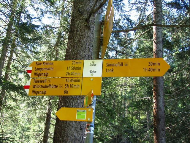 Wegweiser bei Stalde 1370 m.ü.M. unser Weg führt uns weiter zum Flueseeli