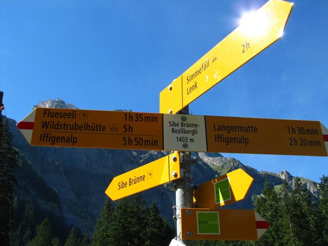 Wegweiser bei Rezlibergli 1403 m.ü.M. weiter geht es zum Flueseeli
