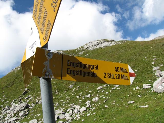 wir haben die zweite Weggabelung erreicht. Hier biegen wir nicht Richtung Engstligenalp ab