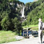 Mäusi bestaunt der berühmte Foroglio Wasserfall. Er besitzt den Titel: schönster Wasserfall vom Tessin