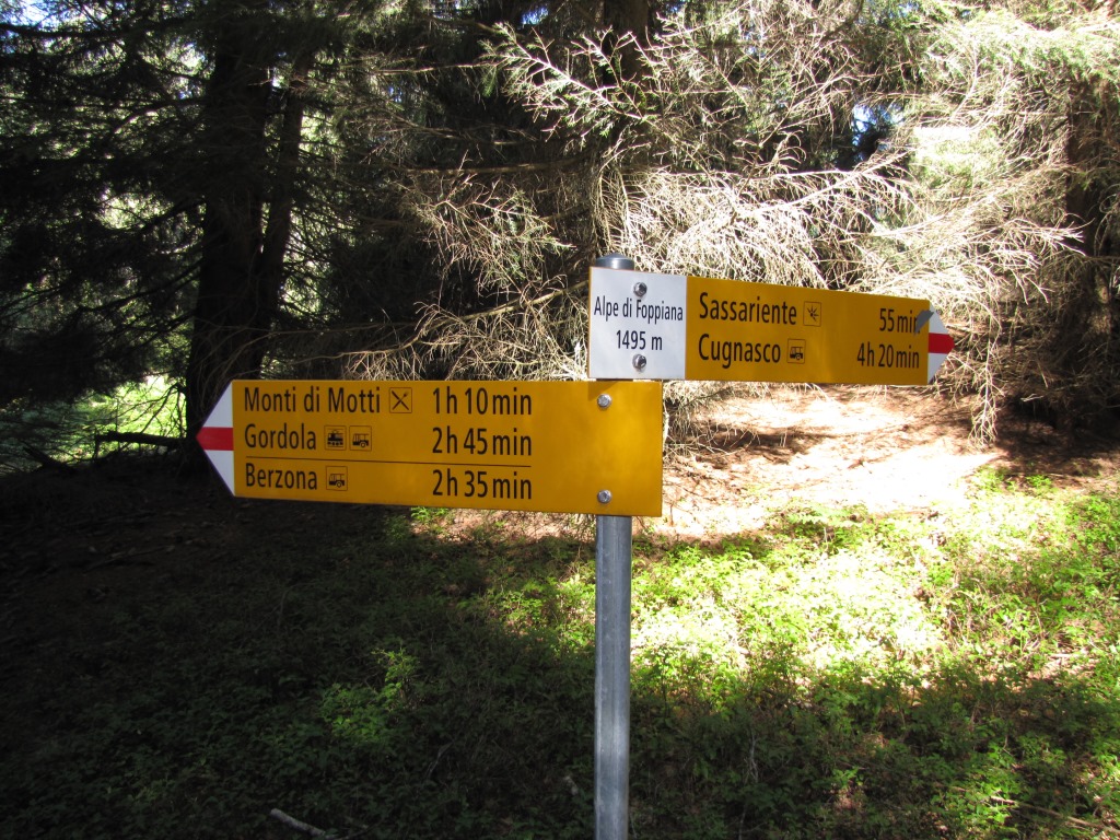 Wegweiser auf der Alpe di Foppiana 1495 m.ü.M. Weiter geht es Richtung Sassariente