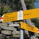 Wegweiser bei Pian Secco 1444 m.ü.M. unser nächstes Ziel die Alpe Pesced