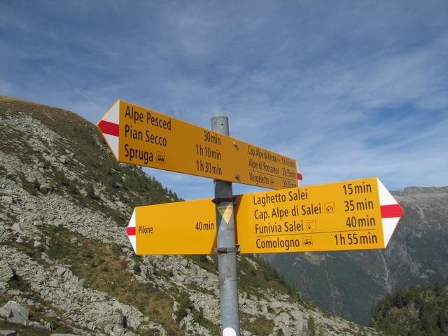 Wegweiser auf dem Passo del Bùsan 2006 m.ü.M. hier bogen wir links ab und machten uns auf den Weg zum Pilone