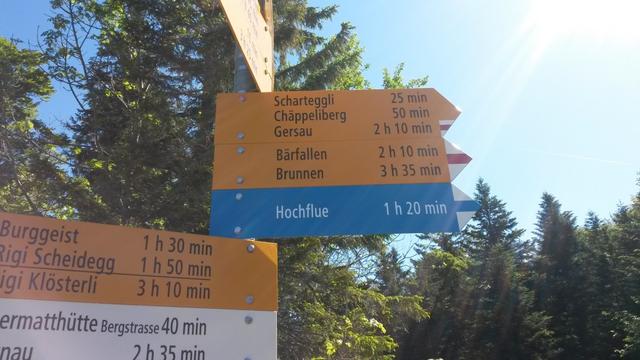 Wegweiser beim Gätterlipass. Der Weg auf die Rigi Hochflue ist weiss-blau-weiss markiert