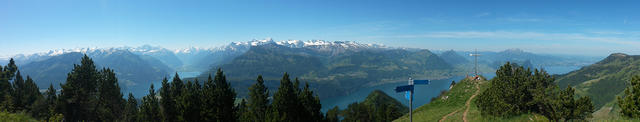 sehr schönes Breitbildfoto mit Vierwaldstättersee. Die Urnerberge schön aufgereiht. Der Blick reicht bis zu den Berner Alpen