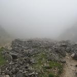 im dichten Nebel führt der Bergpfad aufwärts zum Lafatscherjoch
