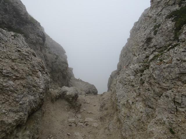 trotz dichtem Nebel wollten wir nicht länger in der Puez Hütte bleiben. Wir haben die Forcella de Ciampei 2366 m.ü.M. erreich