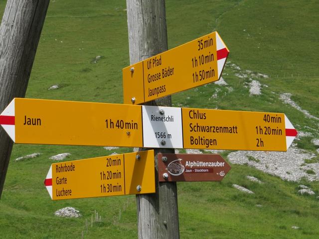 Wegweiser auf Rieneschli 1566 m.ü.M. unsere Wanderung führt uns von hier aus zurück nach Chlus