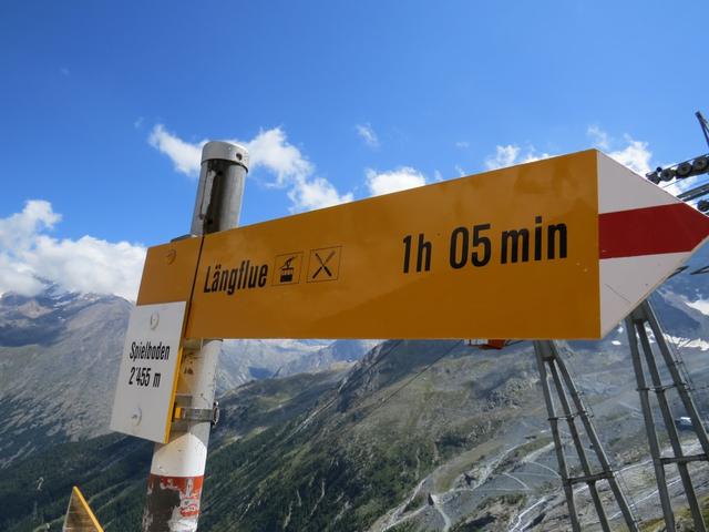 Wegweiser bei der Mittelstation der Seilbahn auf Spielboden 2455 m.ü.M.