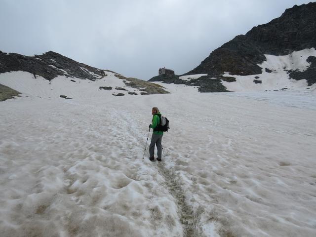 um zur Britanniahütte zu gelangen muss man nun wieder den Chessjengletscher überqueren. Die Hütte gibt einem die Richtung an