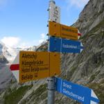 Wegweiser bei der Weggabelung Z'Leng Fäsch 2579 m.ü.M