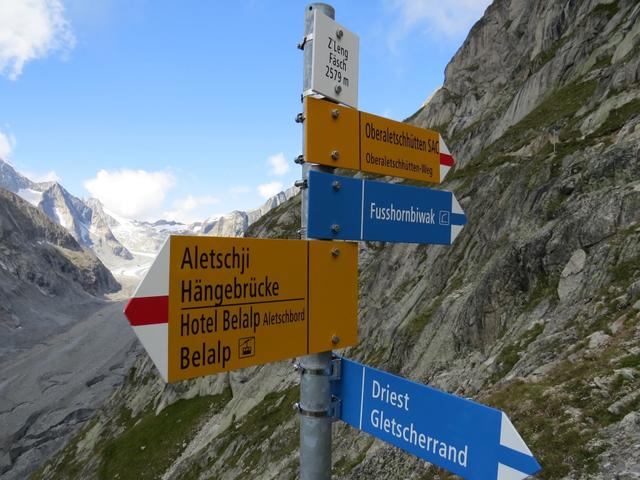 Wegweiser bei der Weggabelung Z'Leng Fäsch 2579 m.ü.M