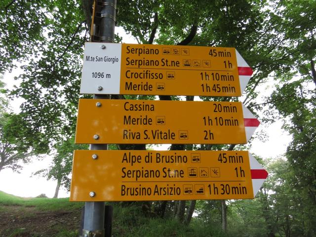 Wegweiser auf dem Monte San Giorgio 1096 m.ü.M.