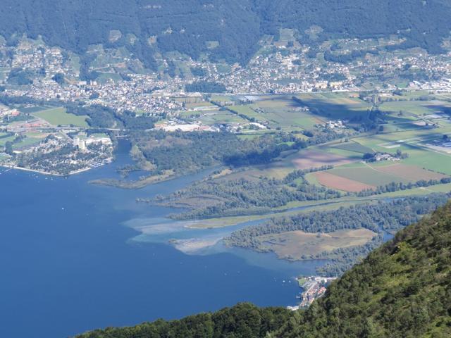 Blick auf die Mündung vom Ticino in den Lago Maggiore bei Tenero