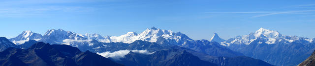 was für ein Breitbildfoto! Fletschhorn, Lagginhorn, Allalinhorn, Albhubel, Dom, Mischabel-Massiv, Balfrin, Matterhorn, Weisshor