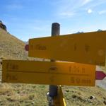 Wegweiser auf Alp Clünas 2457 m.ü.M.  wir wandern weiter geradeaus aufwärts zum Piz Clünas