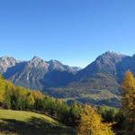 Blick auf Piz Lischana, Piz Madlain, Piz San Jon, das Val S-Charl, Piz Pisoc und Piz Minger