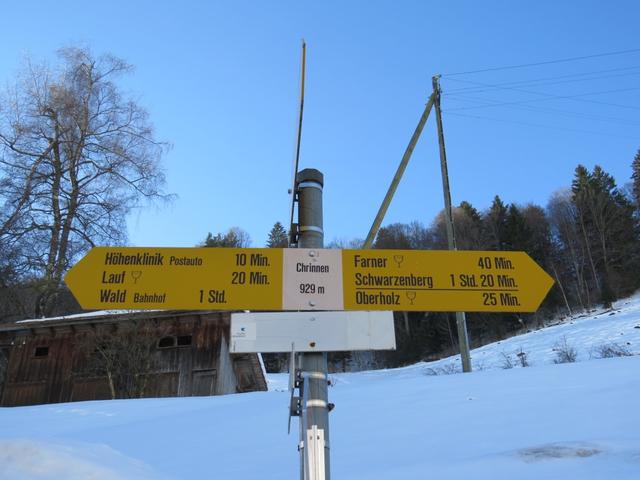 Wegweiser bei Chrinnen 929 m.ü.M. unser nächstes Ziel ist die Höhenklinik